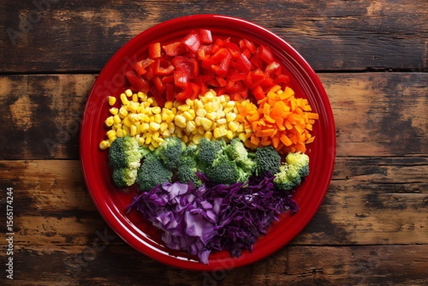 Obraz Colorful Rainbow Salad with Fresh Chopped Vegetables – Healthy Vegan Food on Rustic Wooden Background
