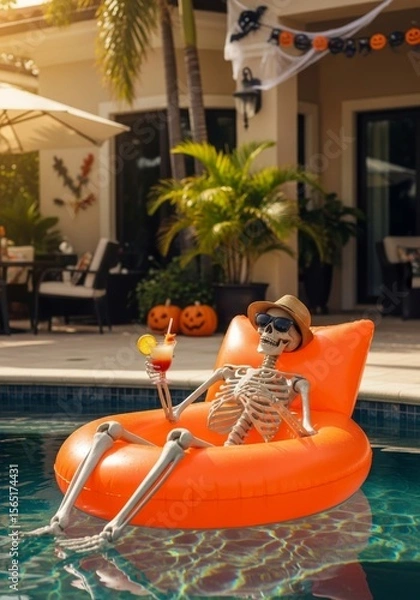 Fototapeta Skeleton Poolside Relaxation - A skeleton relaxes in an orange pool float, enjoying a cocktail by the pool on a sunny day. Halloween decorations are visible in the background