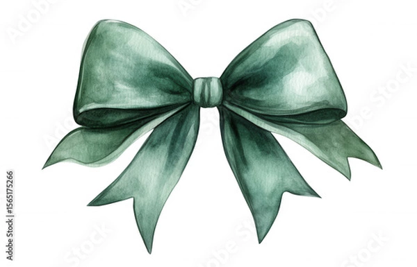 Fototapeta Delicate green watercolor bow soft painted with hand brushstrokes, gracefully adorning transparent background with artistic charm