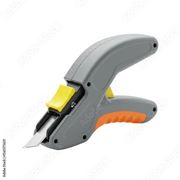 Fototapeta New gray industrial plastic masking film dispenser with a sharp metal blade and yellow accent, isolated on a transparent seamless studio background, evenly lit with no shadows, professional product