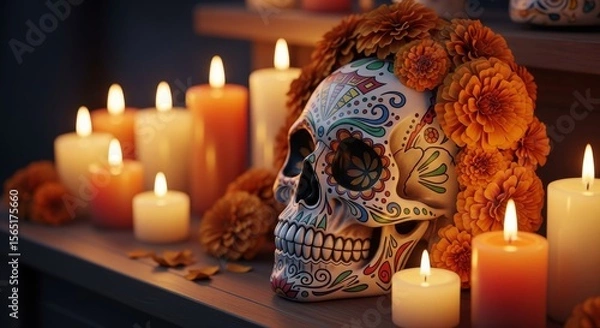 Fototapeta Sugar Skull with Marigolds and Candles - Decorated sugar skull surrounded by orange marigold flowers and burning candles, creating a festive Day of the Dead ambiance
