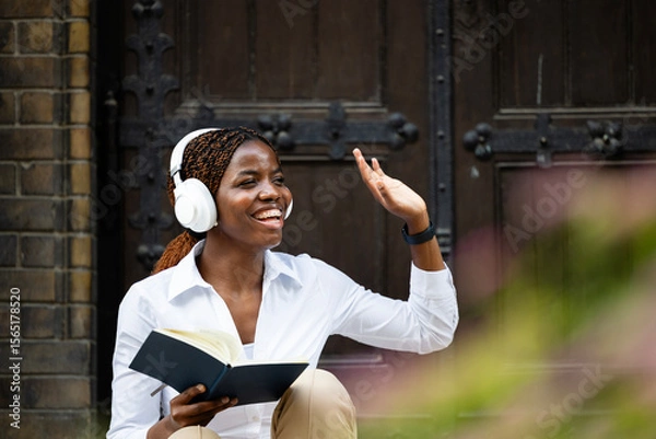 Obraz Happy black African student reading book and waving to his friend at college.
