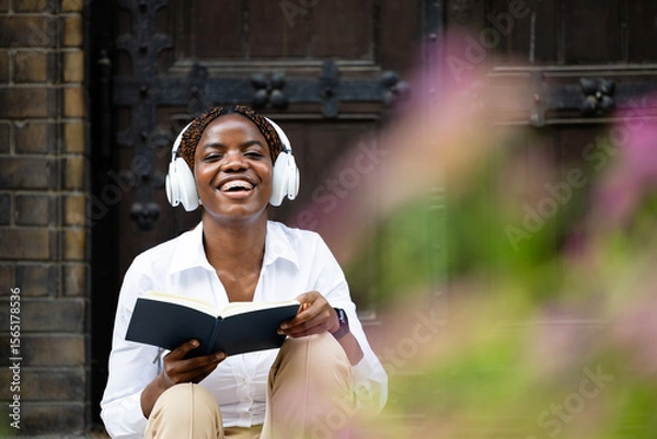 Obraz Portrait of happy black African student holding book and studying at the college.