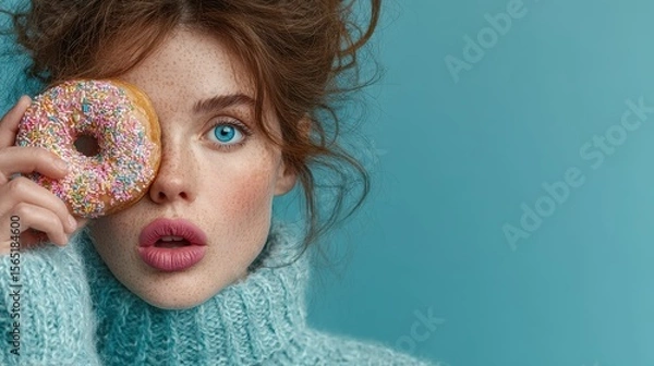 Fototapeta Young woman playfully holding donut over her eye with colorful frosting in a cozy setting