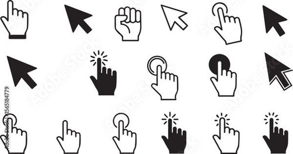 Fototapeta Cursor and Hand Click Icons: Pointer, Tap & Interaction Symbols Set

Digital Interface Elements: Mouse Arrow, Finger Gestures & Touch Icons