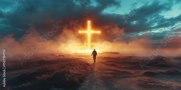 Fototapeta Individual walking towards a glowing cross on a foggy landscape during sunset