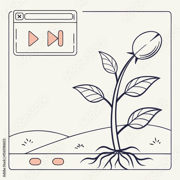 Fototapeta Illustration of a plant growing from seeds with a video player interface in the corner