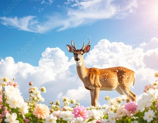 Obraz 【ファンタジー系】雲上の花畑を歩く鹿