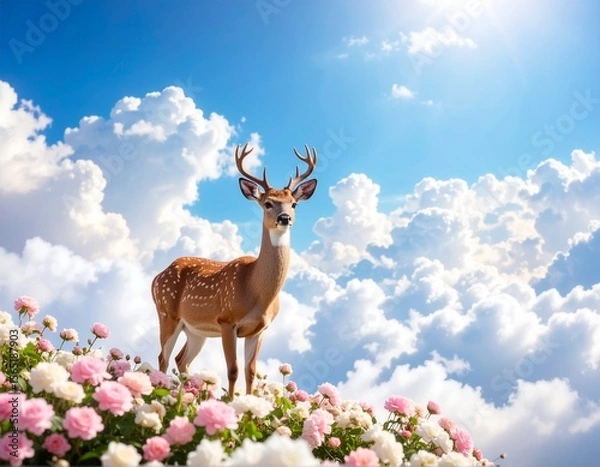 Obraz 【ファンタジー系】雲上の花畑を歩く鹿