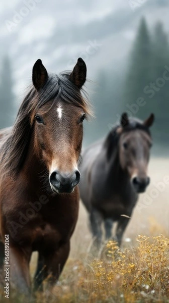 Fototapeta Horses walking through a misty meadow filled with wildflowers in a serene natural setting during early morning hours