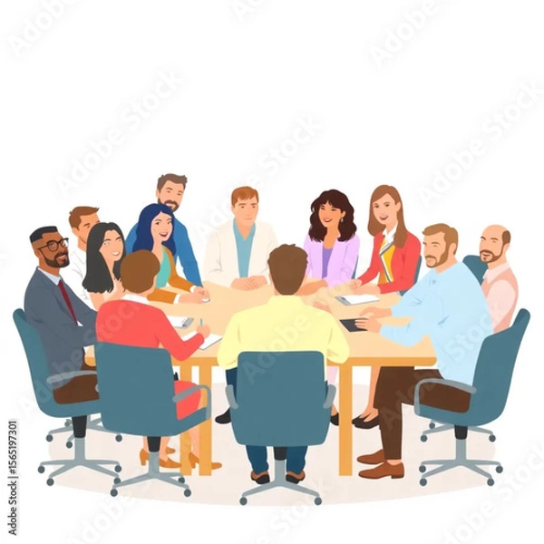Fototapeta A large team of twelve employees are sitting at a conference table, engaged in discussion. The group includes men and women of different ages and backgrounds.