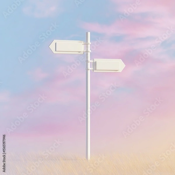 Obraz A white dual-arrow signpost stands in a field of soft grass under a pastel pink and blue sky at dusk or dawn.
