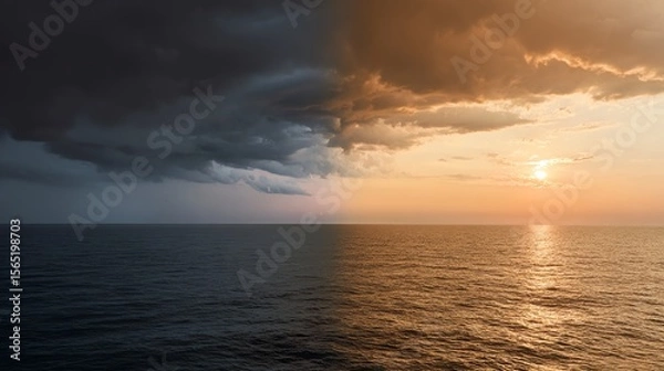 Fototapeta A dramatic seascape showing a sharp contrast between dark storm clouds and a golden sunset over calm ocean waters.