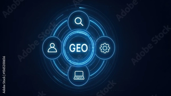 Fototapeta Glowing text GEO and circle interface with icons, showing Generative Ranking and AI Optimization concept