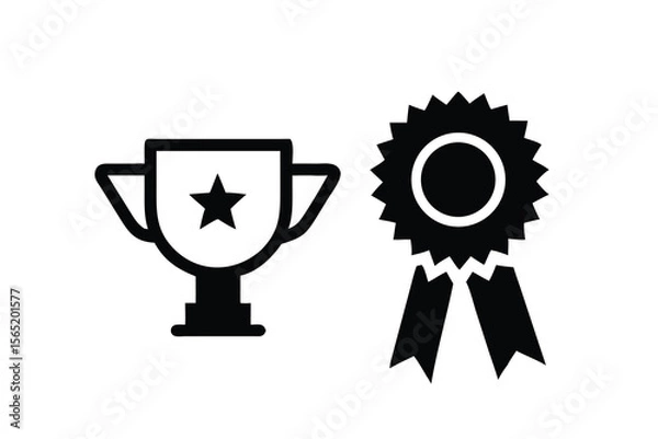 Fototapeta Simple black icons of a trophy cup with a star and a rosette ribbon award on white background