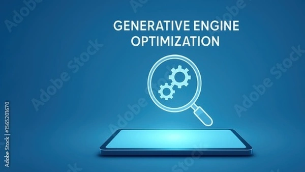 Fototapeta Sleek tablet device with glowing virtual search icon and bold Generative Engine Optimization text, symbolizing AI Optimization in futuristic clean tech design