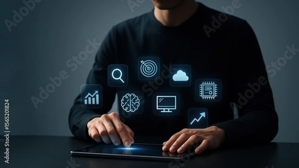 Fototapeta Man sit at desk touching tablet screen with floating icons, showing AI Optimization tools for Generative Ranking tasks
