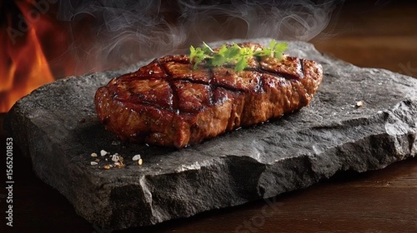 Fototapeta juicy grilled steak served on a stone slab plate  . aspect ratio 16:9