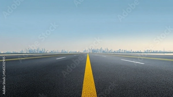 Obraz Wide empty highway with yellow lane markings, city skyline in the background, clear blue sky, daylight scene, asphalt road with horizon line, spacious horizontal banner with copy space for text