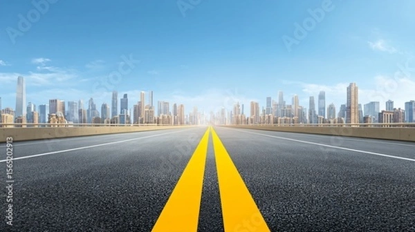 Fototapeta Wide empty highway with yellow lane markings, city skyline in the background, clear blue sky, daylight scene, asphalt road with horizon line, spacious horizontal banner with copy space for text