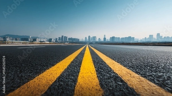 Fototapeta Wide empty highway with yellow lane markings, city skyline in the background, clear blue sky, daylight scene, asphalt road with horizon line, spacious horizontal banner with copy space for text