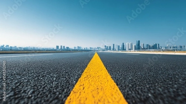 Fototapeta Wide empty highway with yellow lane markings, city skyline in the background, clear blue sky, daylight scene, asphalt road with horizon line, spacious horizontal banner with copy space for text