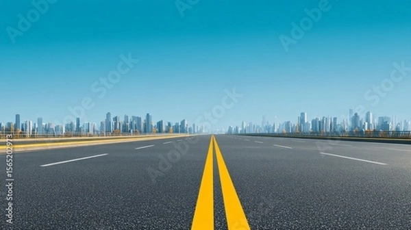 Fototapeta Wide empty highway with yellow lane markings, city skyline in the background, clear blue sky, daylight scene, asphalt road with horizon line, spacious horizontal banner with copy space for text