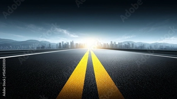 Fototapeta Wide empty highway with yellow lane markings, city skyline in the background, clear blue sky, daylight scene, asphalt road with horizon line, spacious horizontal banner with copy space for text