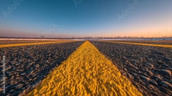 Fototapeta Wide empty highway with yellow lane markings, city skyline in the background, clear blue sky, daylight scene, asphalt road with horizon line, spacious horizontal banner with copy space for text