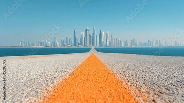 Fototapeta Wide empty highway with yellow lane markings, city skyline in the background, clear blue sky, daylight scene, asphalt road with horizon line, spacious horizontal banner with copy space for text