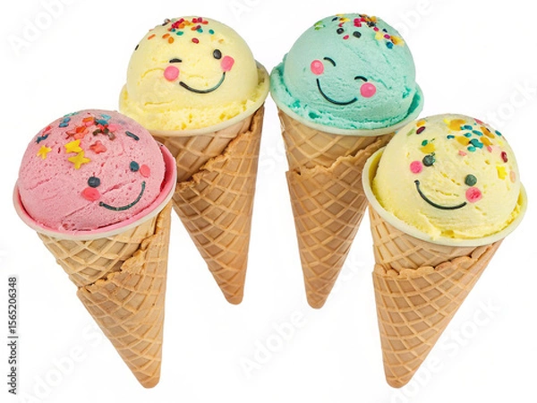 Obraz Four cheerful ice cream cones with sprinkles; playful, summery mood.