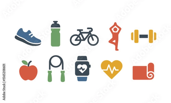 Fototapeta Colorful icons representing healthy summer lifestyle and fitness activities