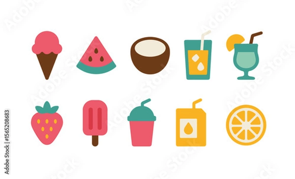 Fototapeta Colorful summer icons collection: ice cream, fruits, and refreshing beverages