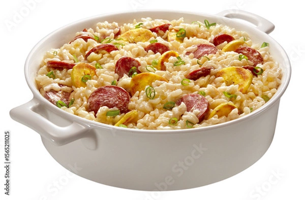Fototapeta panela com arroz cremoso com linguiça, banana e cebolinha isolado em fundo transparente