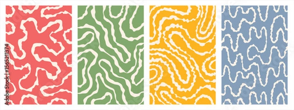 Fototapeta Twisted lines, curved wiggling stripes vector maze backgrounds set. Rough jagged uneven edge. Funky chaotic ornaments, groovy psychedelic patterns collection. Doodle hand drawn wavy winding lines
