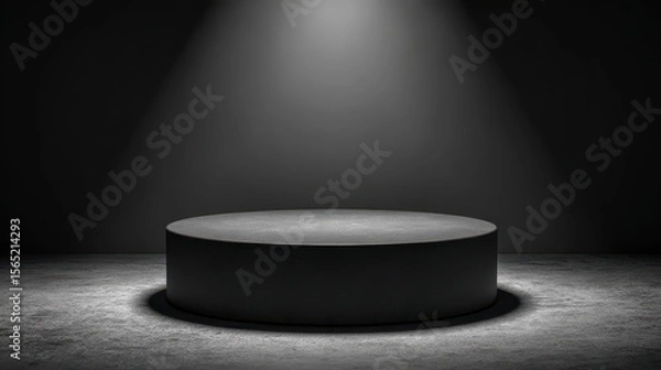 Obraz A dark stage with a round, empty pedestal illuminated by a single spotlight, creating a dramatic and focused atmosphere.