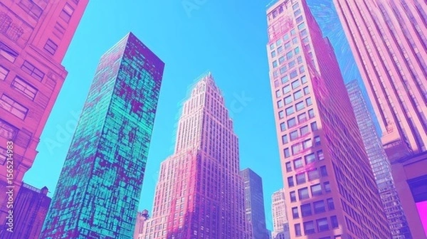 Obraz Vibrant city skyscrapers in a pastel color palette.