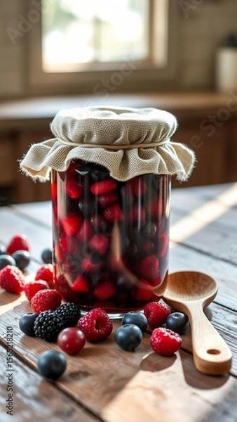 Fototapeta Homemade Raspberry Jam in a Mason Jar on a Table