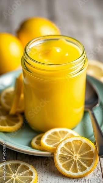 Fototapeta Jar of Yellow Lemonade Garnished with Fresh Slices and Oranges