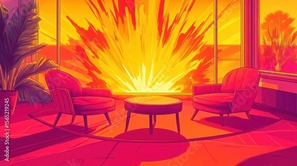 Obraz Vibrant interior scene with a dramatic sunset view.