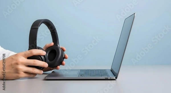 Obraz Wireless Headphones and Laptop Immersive Audio Experience