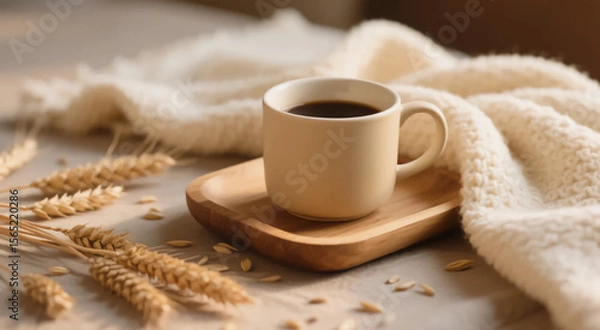 Obraz Warm Cozy Morning, Beige Coffe Cup on Wooden Tray with Dried Wheat and Soft Blanket