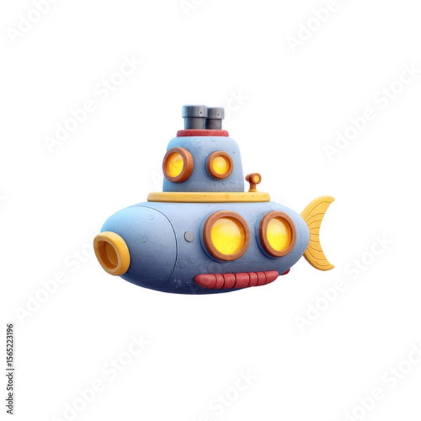Fototapeta Cartoon submarine, undersea, underwater, voyage, yellow, blue, transportation, travel, toy