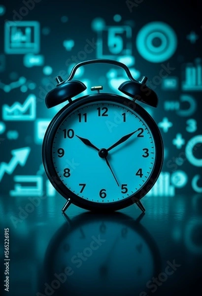 Obraz Close up of a black analog alarm clock with a blue toned background displaying abstract digital charts and graphs