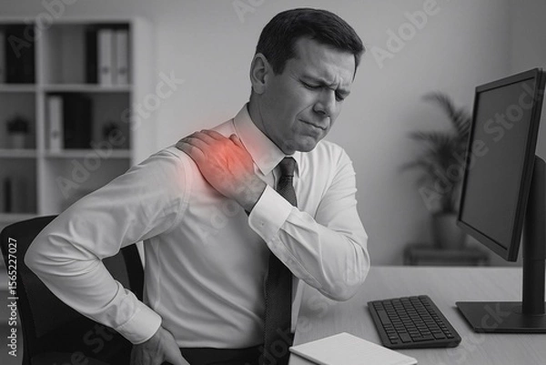 Fototapeta Office Syndrome Pain: Man Experiencing Shoulder Discomfort at Work with Computer
