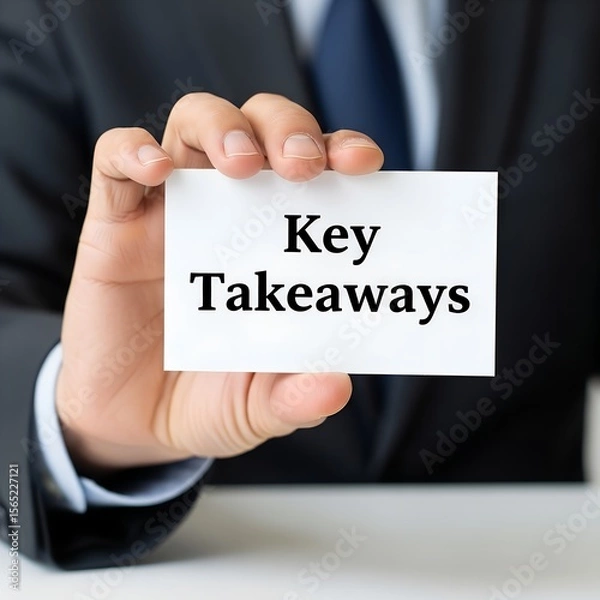 Fototapeta A business professional holding a card presenting the phrase key takeaways in a professional setting, jpg.