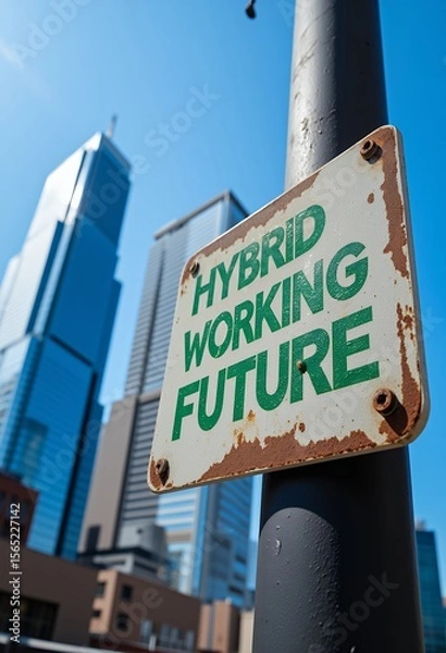 Obraz Rusted sign reading Hybrid Working Future attached to a pole against a backdrop of modern skyscrapers and blue sky