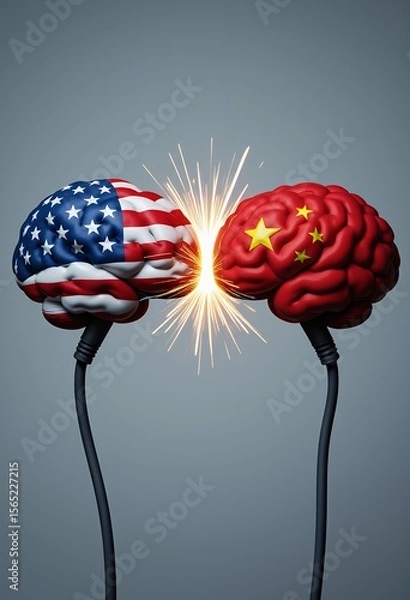 Obraz Two brains one with the US flag the other with the Chinese flag colliding with sparks