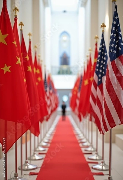 Obraz Rows of Chinese and American flags flanking a red carpet leading to a person in the distance