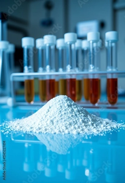 Obraz Pile of white powder with test tubes containing amber liquids in a scientific laboratory setting